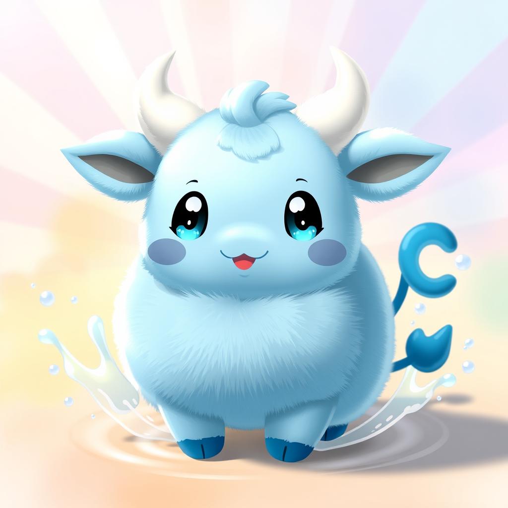 A delightful, baby-style Water-type cow Pokémon, designed with a round and fluffy body in a soothing blue hue