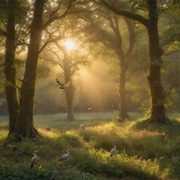 An enchanting forest glade, bathed in the golden light of sunset, with rare, exotic birds flitting between the trees.