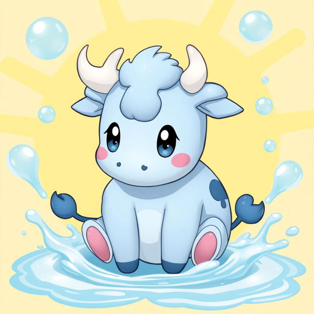 A delightful, baby-style Water-type cow Pokémon, designed with a round and fluffy body in a soothing blue hue