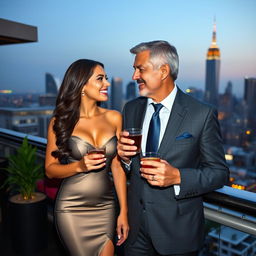 A young, seductive woman standing next to a successful older man with gray hair