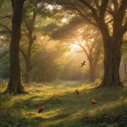 An enchanting forest glade, bathed in the golden light of sunset, with rare, exotic birds flitting between the trees.