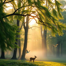 A tranquil forest landscape at sunrise, featuring lush green trees with long, sweeping branches, soft golden light filtering through the leaves, and a gentle mist hovering above the ground