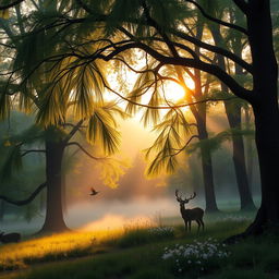 A tranquil forest landscape at sunrise, featuring lush green trees with long, sweeping branches, soft golden light filtering through the leaves, and a gentle mist hovering above the ground