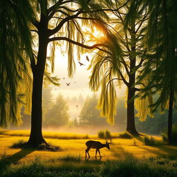 A tranquil forest landscape at sunrise, featuring lush green trees with long, sweeping branches, soft golden light filtering through the leaves, and a gentle mist hovering above the ground