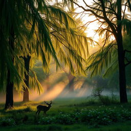 A tranquil forest landscape at sunrise, featuring lush green trees with long, sweeping branches, soft golden light filtering through the leaves, and a gentle mist hovering above the ground