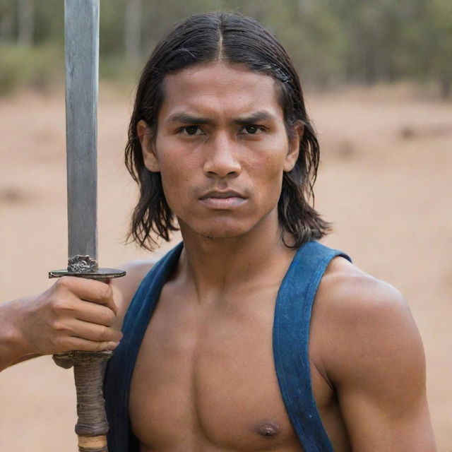 A young indigenous man, dramatically brandishing a raised sword with determination.