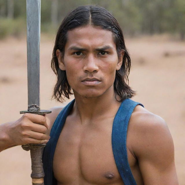 A young indigenous man, dramatically brandishing a raised sword with determination.