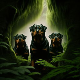 Intimidating Rottweiler dogs with mean faces and red eyes, standing alert in the shadowy undergrowth of a dense forest.