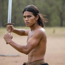 A young indigenous man, dramatically brandishing a raised sword with determination.