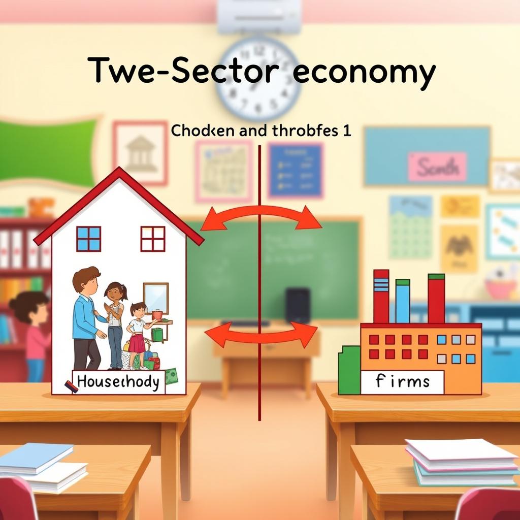 An educational illustration depicting a simple model of a two-sector economy, including households and firms