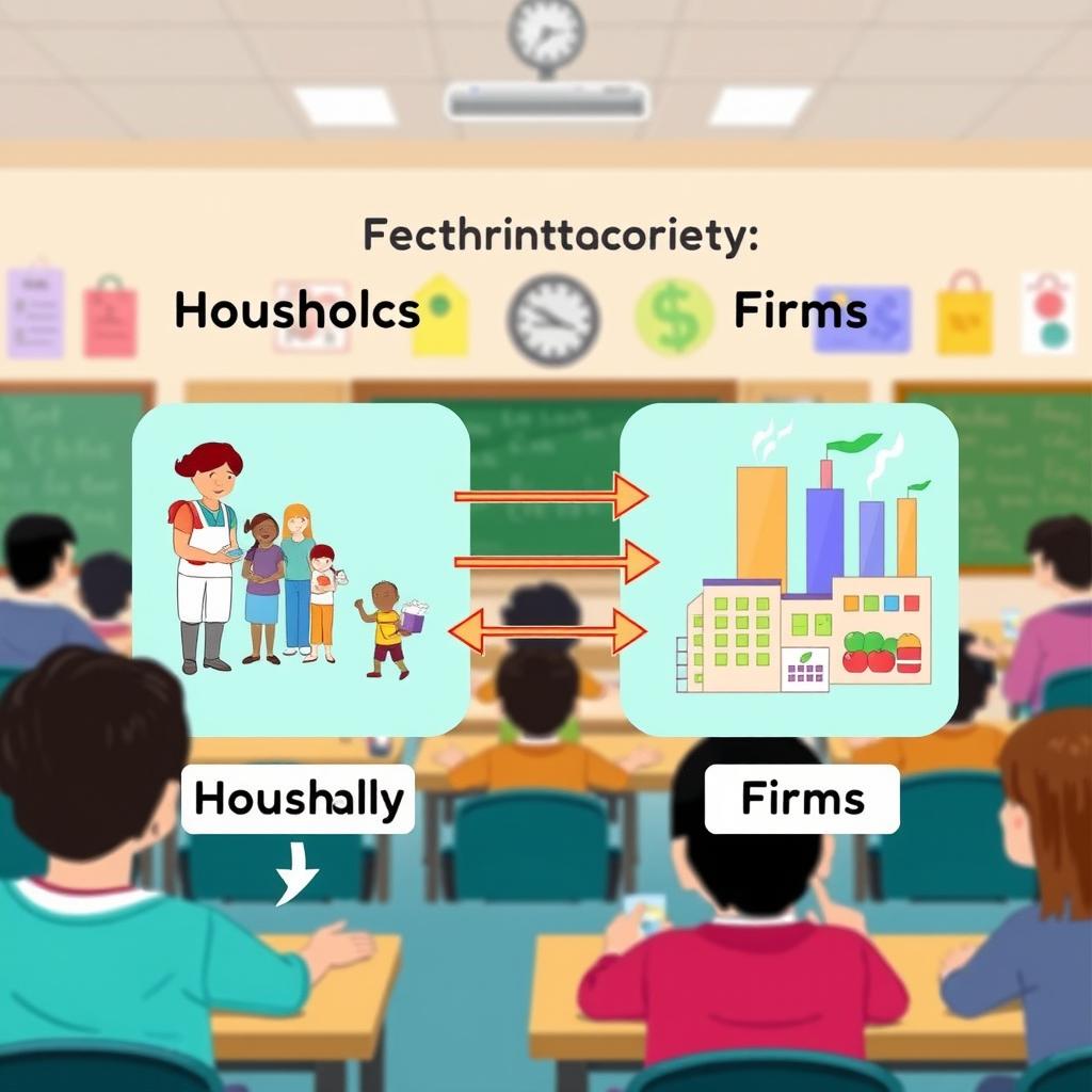 An educational illustration depicting a simple model of a two-sector economy, including households and firms