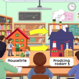 An educational illustration depicting a simple model of a two-sector economy, including households and firms