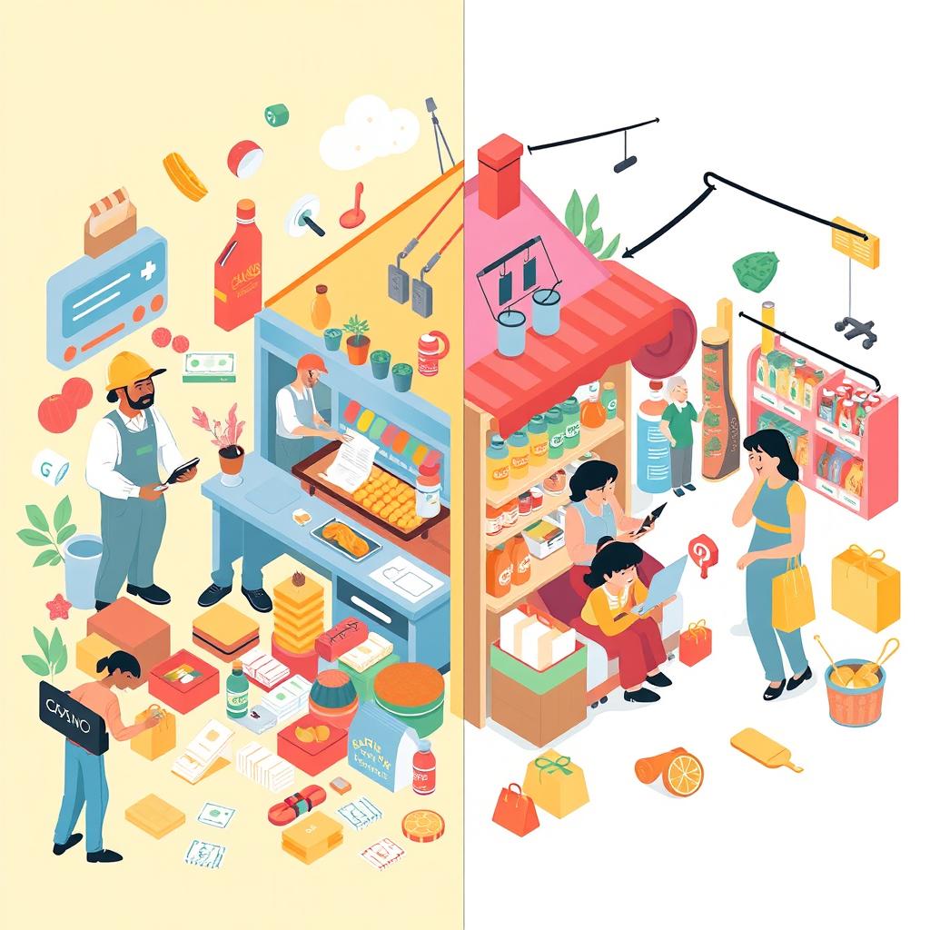 An abstract illustration representing the economy with two main sectors: household producers and household consumers