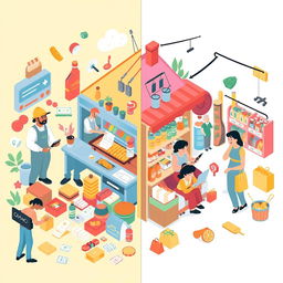 An abstract illustration representing the economy with two main sectors: household producers and household consumers