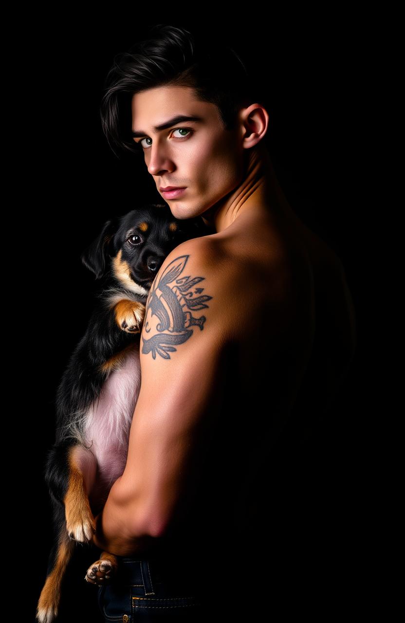 A sexy silhouette of a man with black hair and green eyes, adorned with tattoos, holding a pet by his side