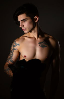 A sexy silhouette of a man with black hair and green eyes, adorned with tattoos, holding a pet by his side