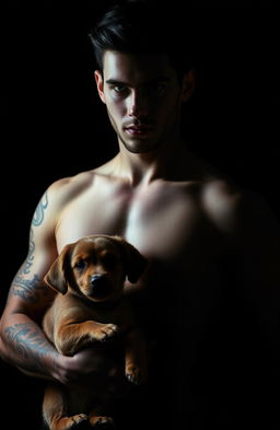 A sexy silhouette of a man with black hair and green eyes, adorned with tattoos, holding a pet by his side