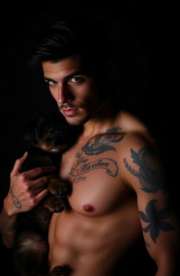 A sexy silhouette of a man with black hair and green eyes, adorned with tattoos, holding a pet by his side