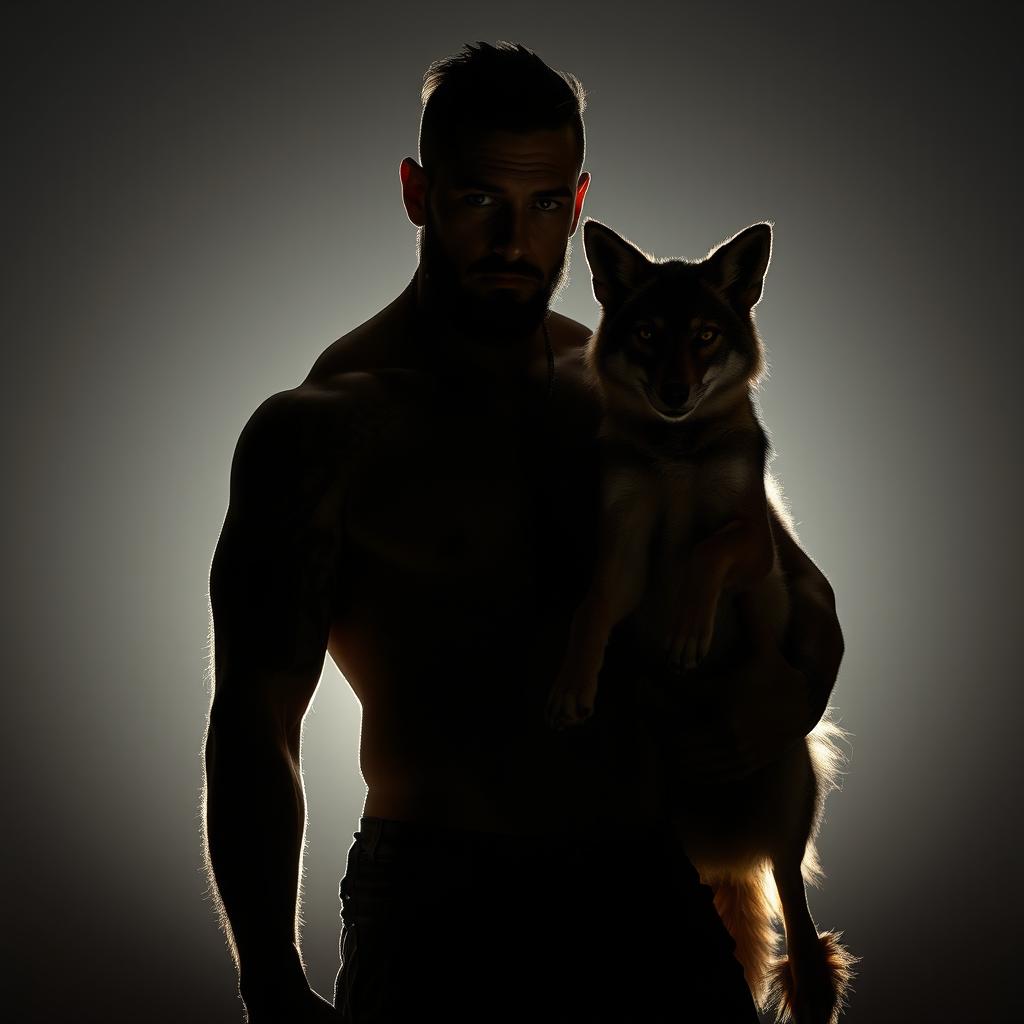 A sexy silhouette of a man with black hair, a light beard, and striking green eyes, adorned with tattoos, standing confidently beside a coyote as his pet