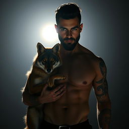 A sexy silhouette of a man with black hair, a light beard, and striking green eyes, adorned with tattoos, standing confidently beside a coyote as his pet