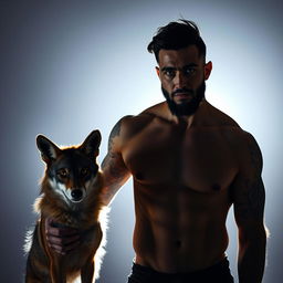 A sexy silhouette of a man with black hair, a light beard, and striking green eyes, adorned with tattoos, standing confidently beside a coyote as his pet