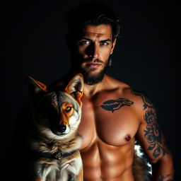 A sexy silhouette of a man with black hair, a light beard, and striking green eyes, adorned with tattoos, standing confidently beside a coyote as his pet