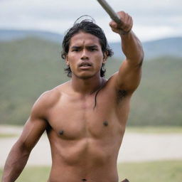 A young indigenous man, raising his sword with valor and defiance.