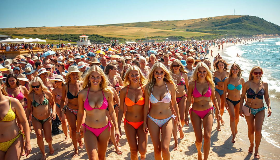 A vibrant scene depicting a large crowd of beachgoers, predominantly women with blonde hair, enjoying a sunny day at a crowded beach