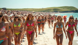 A vibrant scene depicting a large crowd of beachgoers, predominantly women with blonde hair, enjoying a sunny day at a crowded beach