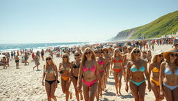 A vibrant scene depicting a large crowd of beachgoers, predominantly women with blonde hair, enjoying a sunny day at a crowded beach