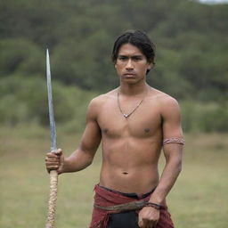 A young indigenous man, raising his sword with valor and defiance.