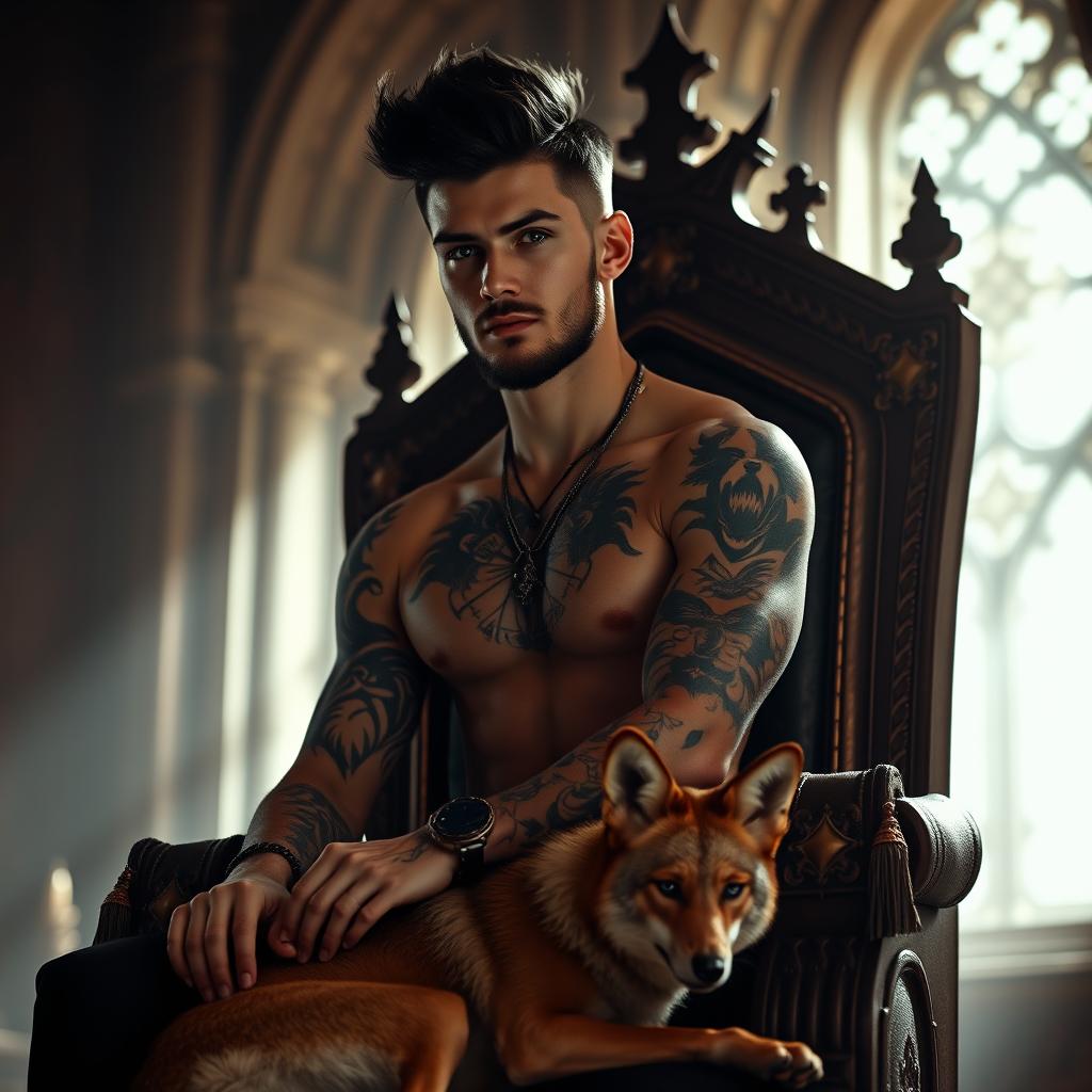 A sexy silhouette of a young man with a black pompadour hairstyle, a light beard, and captivating green eyes, covered in tattoos