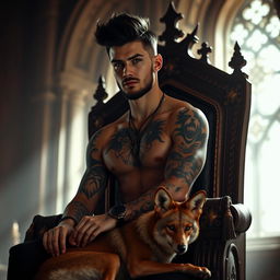 A sexy silhouette of a young man with a black pompadour hairstyle, a light beard, and captivating green eyes, covered in tattoos