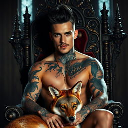 A sexy silhouette of a young man with a black pompadour hairstyle, a light beard, and captivating green eyes, covered in tattoos