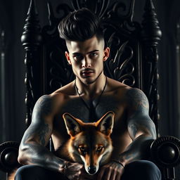 A sexy silhouette of a young man with a black pompadour hairstyle, a light beard, and captivating green eyes, covered in tattoos