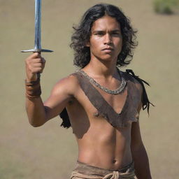 A young indigenous man, raising his sword with valor and defiance.