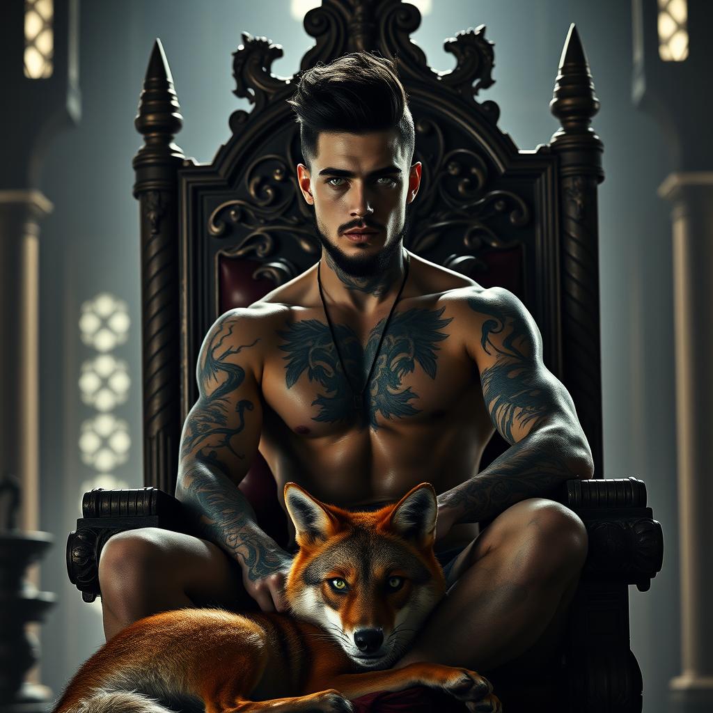 A sexy silhouette of a young man with a black pompadour hairstyle, a light beard, and captivating green eyes, covered in tattoos