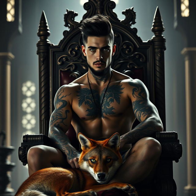 A sexy silhouette of a young man with a black pompadour hairstyle, a light beard, and captivating green eyes, covered in tattoos