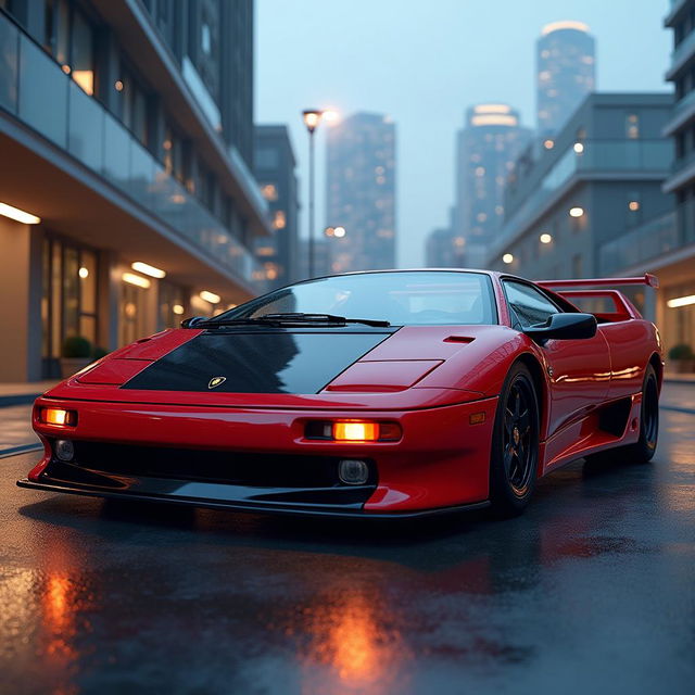 A stunning Lamborghini Diablo STO showcased in a modern urban environment, emphasizing its bold and dynamic design