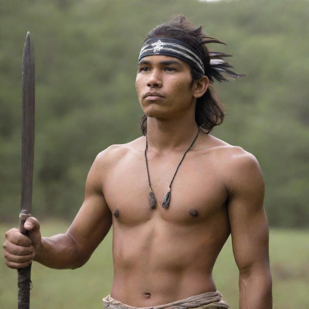 A young indigenous man, raising his sword with valor and defiance.