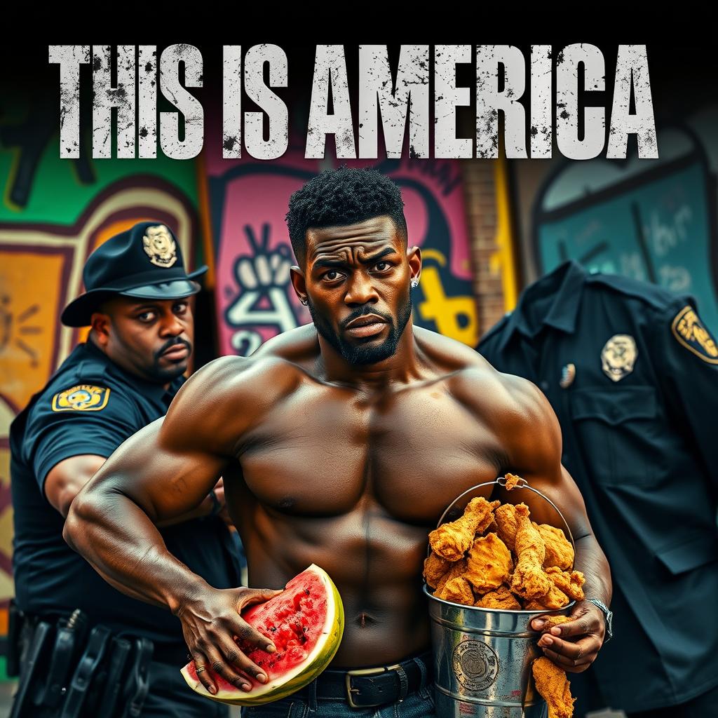 An intense action movie poster featuring a muscular black man looking bewildered and defiant as he is unfairly arrested by a stern-looking white police officer