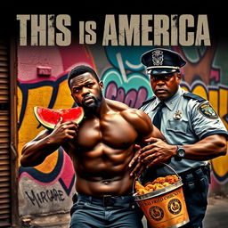 An intense action movie poster featuring a muscular black man looking bewildered and defiant as he is unfairly arrested by a stern-looking white police officer