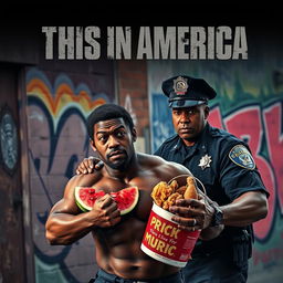 An intense action movie poster featuring a muscular black man looking bewildered and defiant as he is unfairly arrested by a stern-looking white police officer