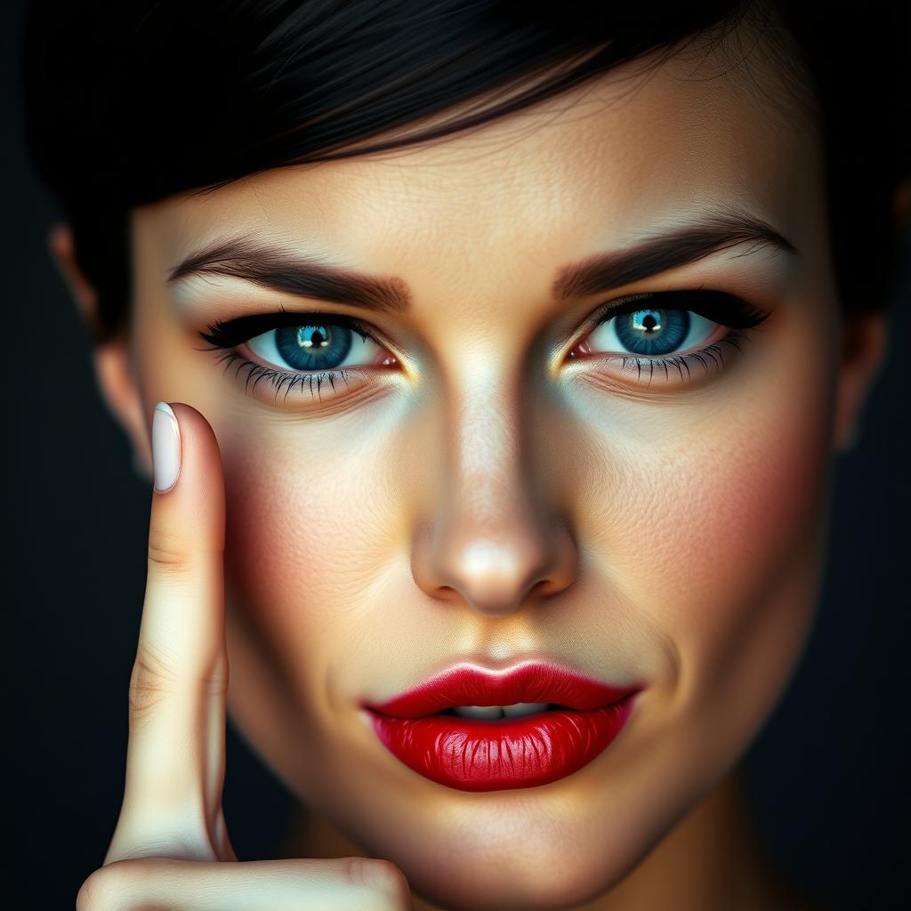 A close-up portrait of a beautiful woman with striking, flawless features