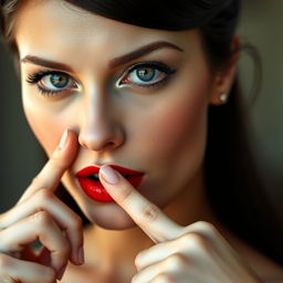 A close-up portrait of a beautiful woman with striking, flawless features