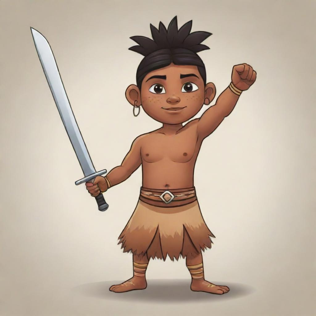 A cartoon of a young indigenous man, raising his sword with valor and defiance.