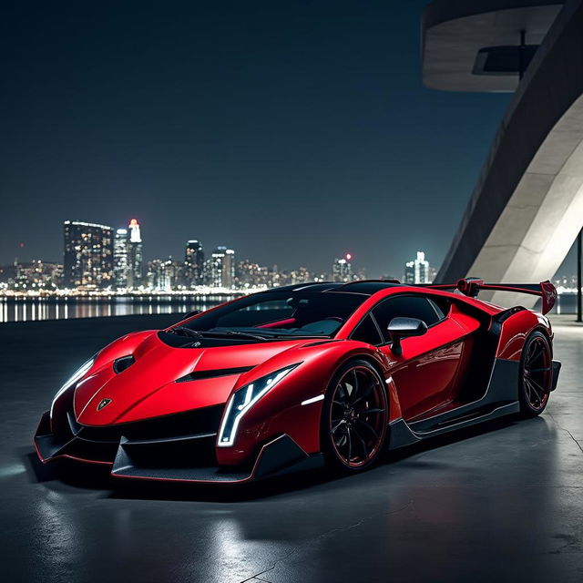 A breathtaking Lamborghini Veneno SV proudly displayed in an ultra-modern urban setting, showcasing its futuristic and aggressive design