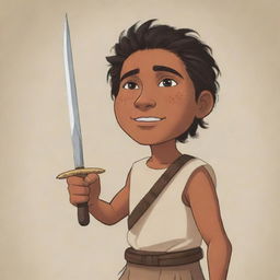 A cartoon of a young indigenous man, raising his sword with valor and defiance.