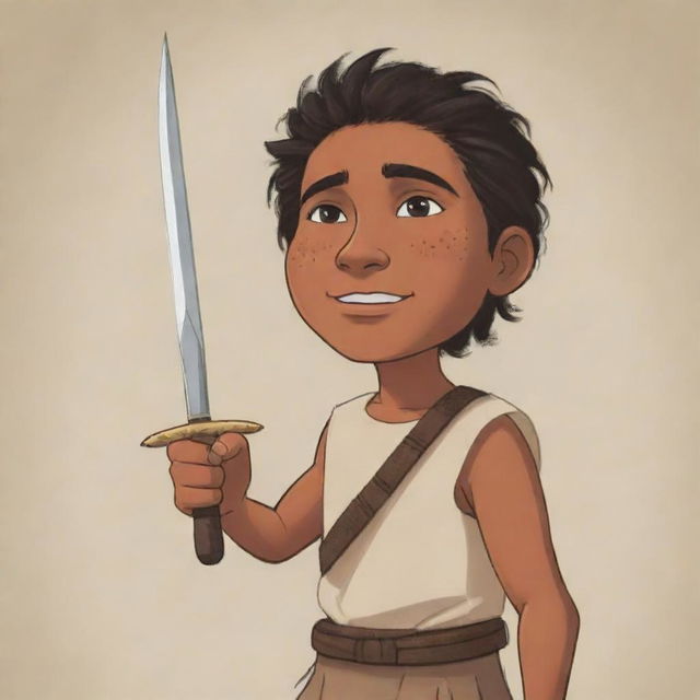 A cartoon of a young indigenous man, raising his sword with valor and defiance.