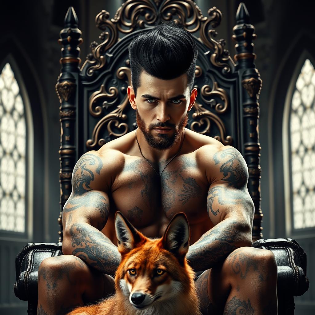 A sexy silhouette of a man with a black pompadour hairstyle, a light beard, and mesmerizing green eyes, covered in tattoos